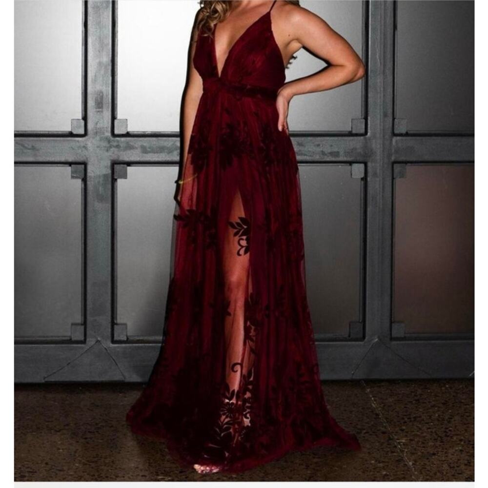 Windsor Burgundy Lace Maxi Dress S Deep V Prom Formal Wedding Guest Sexy - Picture 2 of 8